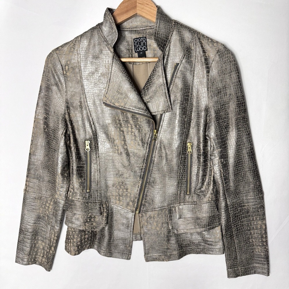 CLARA SUN WOO Metallic‎ Liquid Leather Textured Jacket Sz XS Gray Silver Reptile